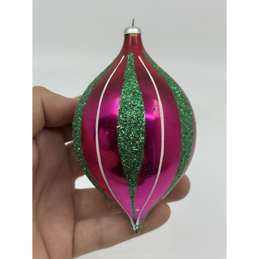 Vtg Tear Drop Hand Blown Mercury Glass Ornament Stripe Pink Green